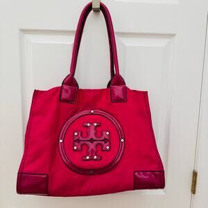 Tory Burch Ella Tote Bag Pink Magenta Fuchsia Nylon Patent Leather Large Roomy